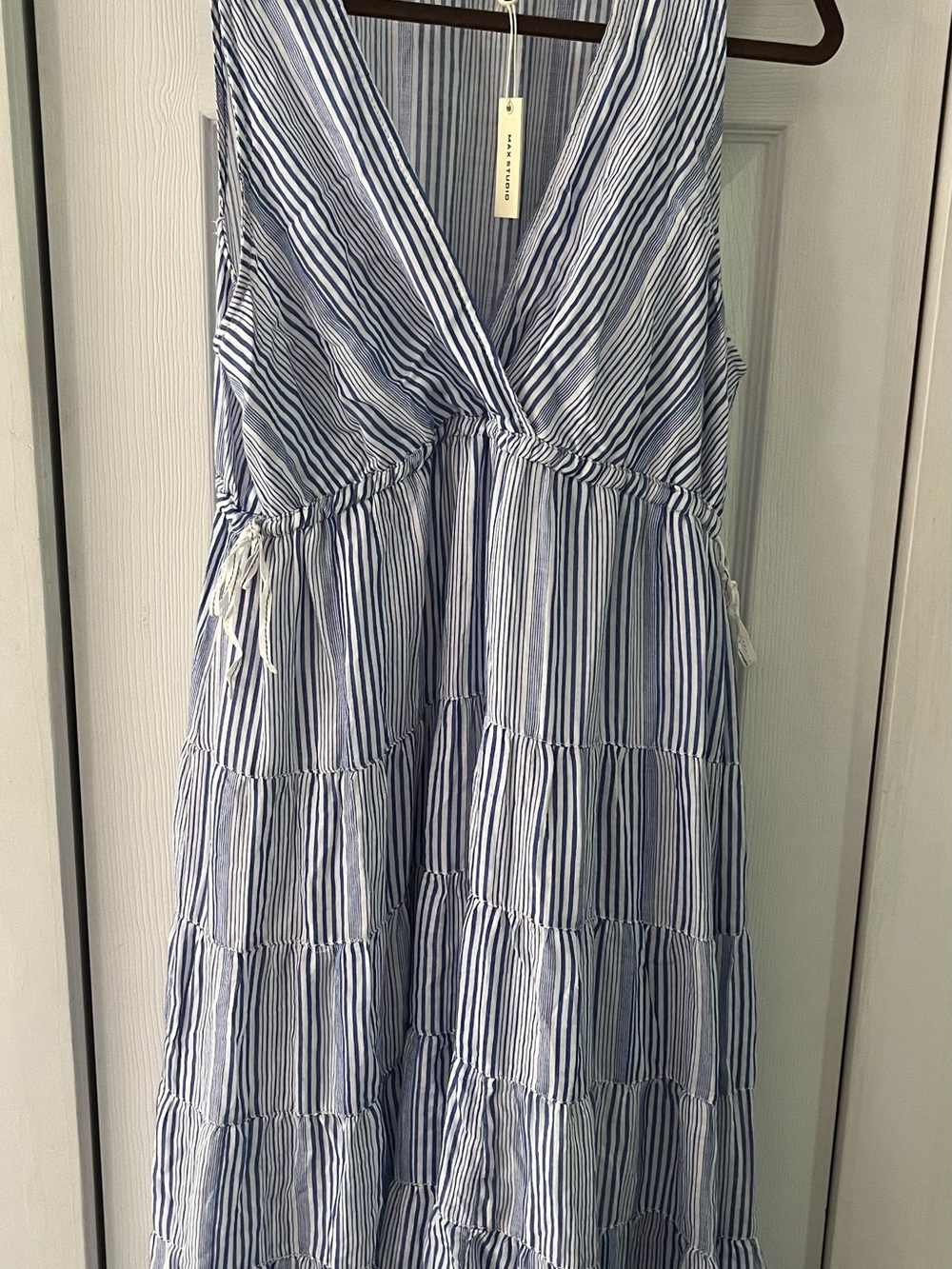 MaxMara Blue & White Striped V-Neck Tiered Maxi Dress Sz XL